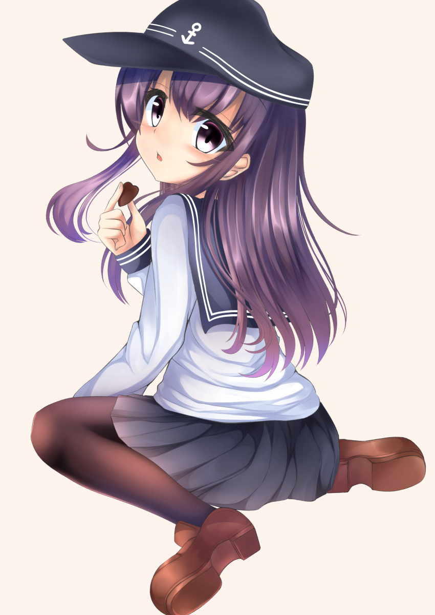 1girl absurdres akatsuki_(kantai_collection) anchor beige_background black_hat black_legwear black_skirt blush brown_footwear chocolate chocolate_heart commentary_request flat_cap hat heart highres hiragi_ringo kantai_collection loafers long_hair long_sleeves looking_at_viewer looking_back pantyhose parted_lips pleated_skirt purple_hair school_uniform serafuku shirt shoes simple_background sitting skirt sleeves_past_wrists solo tareme very_long_hair violet_eyes wariza white_shirt