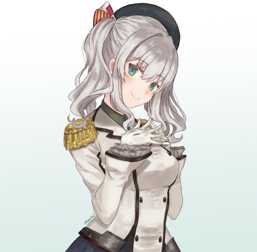 1girl blue_background blue_skirt blush breast_suppress breasts closed_mouth commentary epaulettes eyebrows_visible_through_hair fingers_together frilled_sleeves frills gloves gradient gradient_background green_eyes hair_between_eyes hands_together hat head_tilt highres jacket kantai_collection kashima_(kantai_collection) large_breasts long_sleeves looking_at_viewer military_jacket mochii pleated_skirt signature silver_hair skirt smile solo standing two_side_up upper_body white_jacket