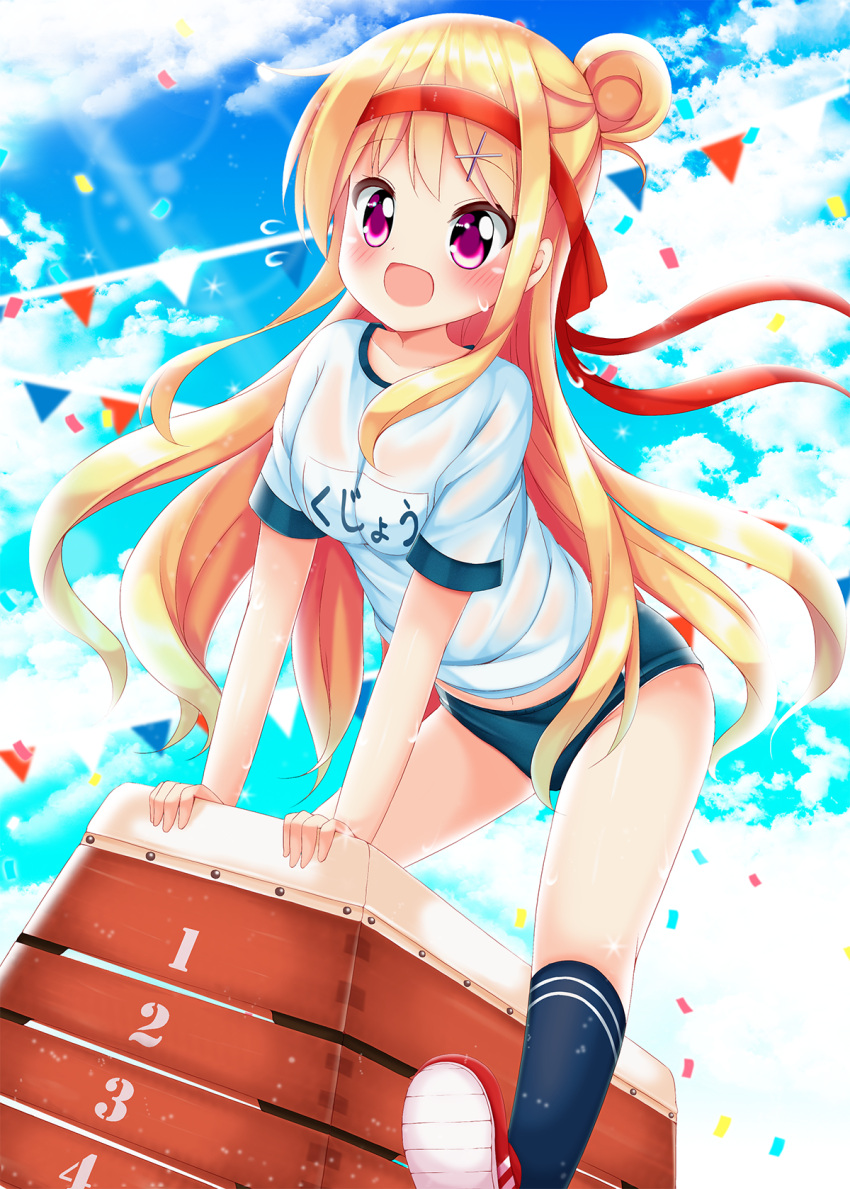 1girl :d bangs blonde_hair blue_buruma blue_legwear blue_sky blush breasts buruma clouds collarbone commentary_request confetti day eyebrows_visible_through_hair flying_sweatdrops gym_uniform hair_bun hair_ornament hairband hairclip highres jumping kin-iro_mosaic kneehighs kujou_karen long_hair midriff minato_(ojitan_gozaru) name_tag navel open_mouth outdoors panties panties_under_buruma red_hairband red_shoes see-through shirt shoes short_sleeves sidelocks sky small_breasts smile sneakers solo sweat t-shirt underwear vaulting_horse violet_eyes wet wet_clothes wet_shirt white_panties white_shirt x_hair_ornament