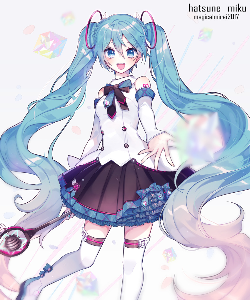 1girl 2017 :d aqua_eyes aqua_hair boots character_name detached_sleeves hatsune_miku highres long_hair microphone musical_note open_mouth outstretched_arm skirt smile solo thigh-highs thigh_boots twintails very_long_hair vocaloid