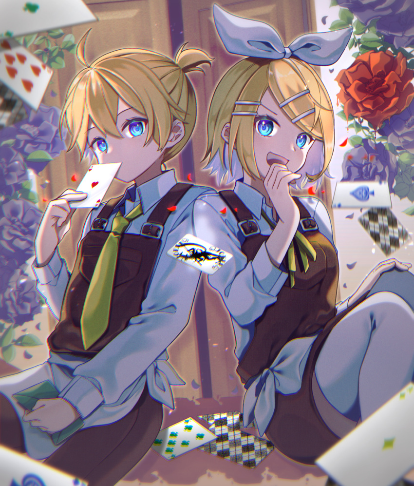 1boy 1girl :d ace ahoge bangs blonde_hair blue_eyes bow card covering_mouth diamond_(shape) envelope flower hair_bow hair_ornament hairclip heart highres hitobashira_alice_(vocaloid) holding holding_card holding_envelope joker_(card) kagamine_len kagamine_rin kitsunemame long_sleeves open_mouth overalls pantyhose parted_bangs playing_card ponytail rose short_hair shorts sitting smile spade_(shape) vocaloid