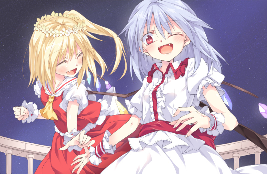 2girls ;d ascot bangs blonde_hair blue_hair blush closed_eyes cowboy_shot eyebrows_visible_through_hair fangs flandre_scarlet frills hair_between_eyes head_wreath ina_(inadahime) multiple_girls night no_hat no_headwear one_eye_closed one_side_up open_mouth outdoors puffy_short_sleeves puffy_sleeves red_eyes red_skirt remilia_scarlet short_sleeves skirt skirt_set smile touhou white_skirt