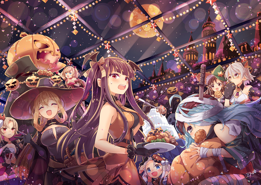6+girls :d ^_^ bandage bandaged_leg bangs black_gloves blue_eyes blue_hair blunt_bangs blush breasts brown_eyes brown_hair candy character_request cloak closed_eyes closed_mouth cup drinking_glass earrings eating elbow_gloves eyebrows_visible_through_hair fangs food fork full_moon g11_(girls_frontline) girls_frontline glasses gloves grey_hair hair_over_one_eye halloween hand_to_own_mouth hand_up hat holding holding_basket holding_cup holding_food holding_fork holding_plate indoors jack-o'-lantern jewelry knife large_breasts layer_cake lollipop looking_at_viewer m1903_springfield_(girls_frontline) meatball medium_breasts moon mp5_(girls_frontline) multiple_girls night open_mouth orange_skirt parted_bangs pasta paws plate pumpkin purple_hair red_eyes semi-rimless_glasses short_hair sidelocks skirt sleeveless smile spaghetti spaghetti_and_meatballs star sweatdrop tareme tsurime twintails two_side_up under-rim_glasses vector_(girls_frontline) wa2000_(girls_frontline) wine_glass witch_hat yellow_eyes zenyu