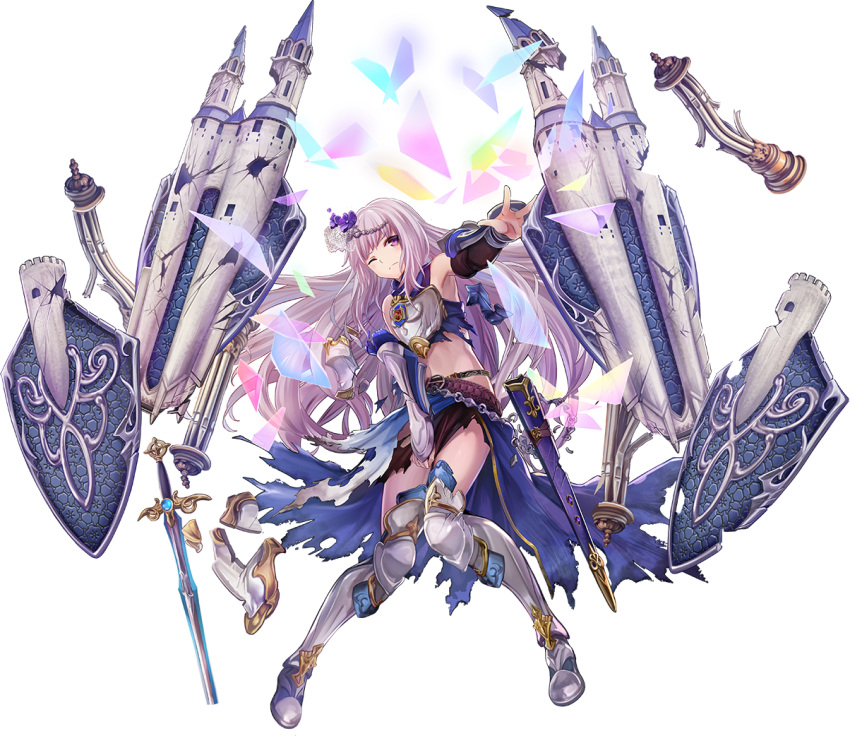 1girl ;( armor armored_boots armpits artist_request boots breastplate carcasonne_(oshiro_project) castle detached_sleeves full_body long_hair midriff navel official_art oshiro_project oshiro_project_re purple_hair shield solo sword torn_clothes transparent_background unsheathed violet_eyes weapon