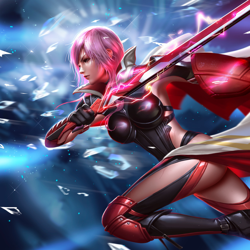 1girl absurdres armor bent_knee boobplate boots breastplate breasts cape crystal final_fantasy final_fantasy_xiii gloves glowing glowing_weapon highres knee_pads liang_xing lightning_farron lightning_returns:_final_fantasy_xiii looking_to_the_side medium_breasts pink_hair popped_collar running shards shield solo sweat sword thigh-highs thigh_boots weapon
