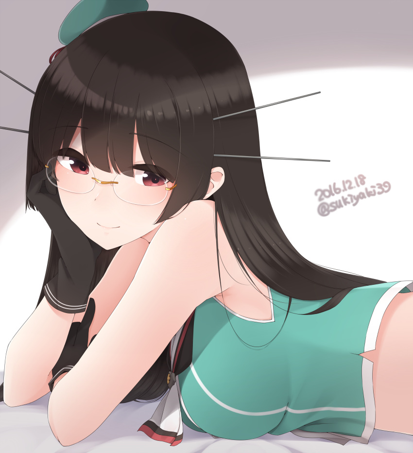 1girl absurdres black_gloves black_hair chin_rest choukai_(kantai_collection) dated glasses gloves hand_on_own_cheek hat highres kantai_collection long_hair looking_at_viewer lying midriff mini_hat on_stomach red_eyes remodel_(kantai_collection) rimless_glasses school_uniform serafuku smile solo twitter_username yukichi_(sukiyaki39)