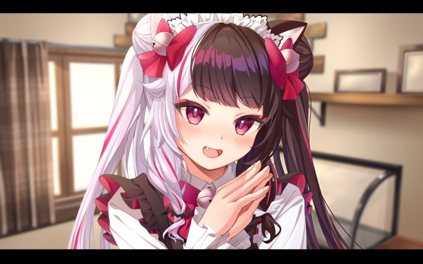 1girl animal_ears bell blurry blurry_background bow brown_hair cat_ears collared_shirt fang frills hair_bell hair_bow hair_ornament hands_together highres maid_headdress multicolored_hair nijisanji open_mouth red_bow red_eyes shirt smile solo twintails two-tone_hair upper_body virtual_youtuber white_hair white_shirt window yorumi_rena yuzune