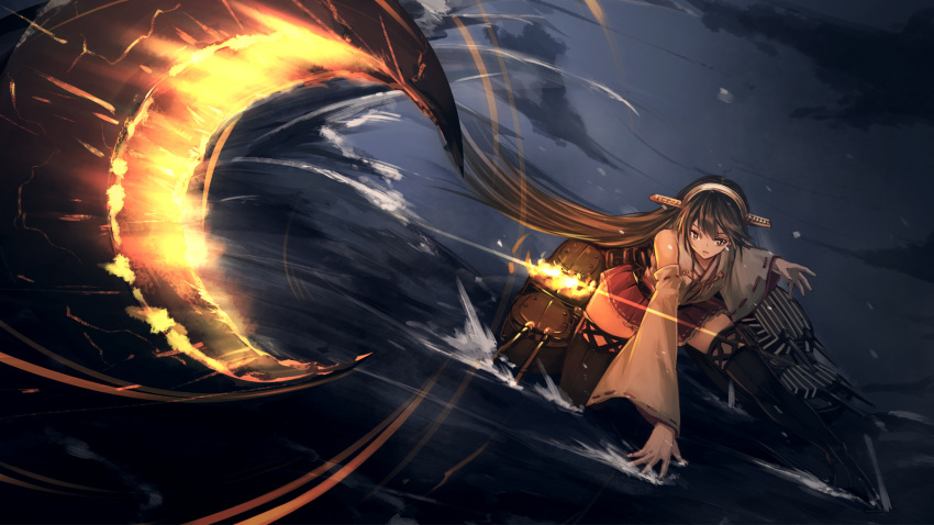1girl bangs bare_shoulders black_legwear boots brown_hair cannon clouds cloudy_sky dazzle_paint detached_sleeves hair_between_eyes hair_ornament haruna_(kantai_collection) headgear highres kantai_collection lens_flare long_hair nontraditional_miko ocean on_water one_knee open_mouth pleated_skirt rigging senwa skirt sky sliding thigh-highs thigh_boots turret zettai_ryouiki