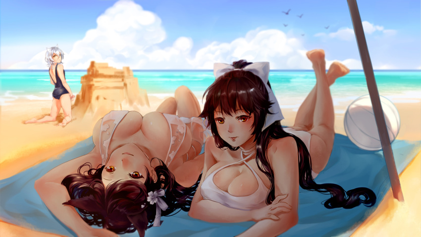 3girls animal_ears arm_up armpits atago_(azur_lane) azur_lane ball bare_arms bare_shoulders barefoot beach_towel beachball beah blue_sky blurry blush bow breasts brown_eyes brown_hair cat_ears cleavage criss-cross_halter day depth_of_field flower foreshortening full_body hair_bow hair_flower hair_ornament halterneck highres horizon inf_(you_xiang) kneeling large_breasts lips long_hair looking_back lying maya_(azur_lane) multiple_girls oean on_back on_stomach one-piece_swimsuit outdoors pole ponytail sand sand_castle sand_sculpture silver_hair skindentation skirt sky small_breasts smile swimsuit takao_(azur_lane) tareme the_pose towel water white_bow white_skirt