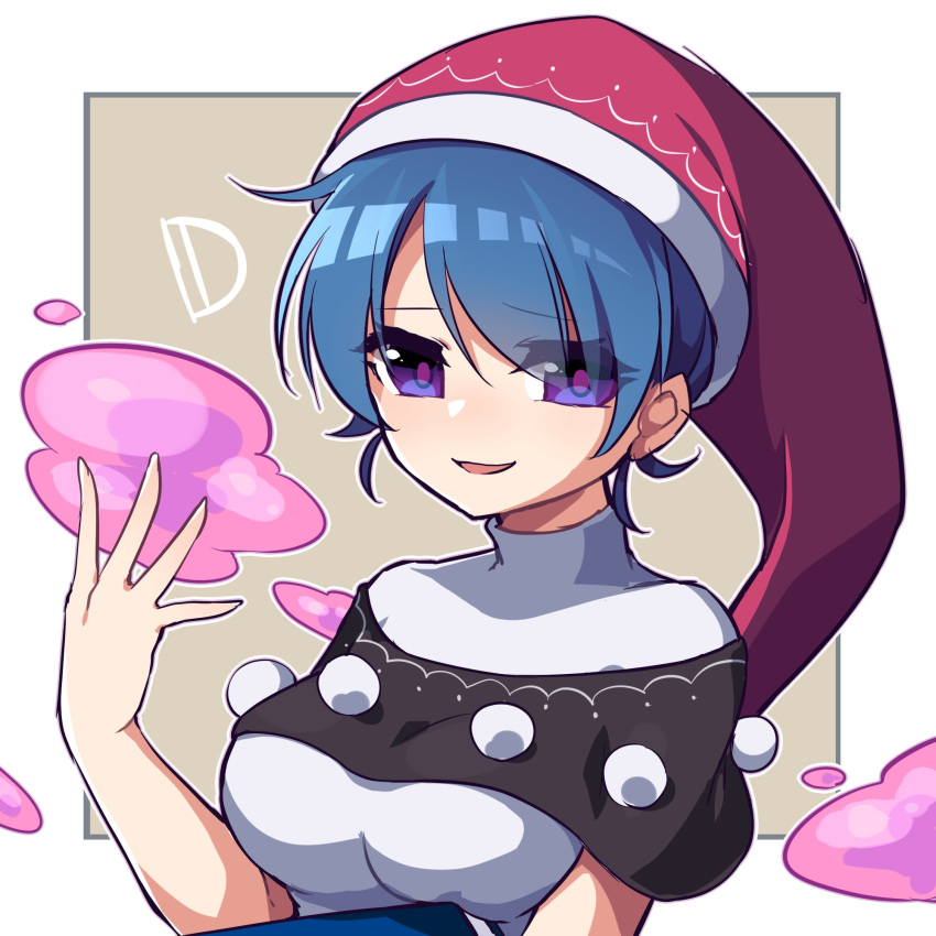 1girl antinomy_of_common_flowers bangs blue_hair breasts capelet commentary_request doremy_sweet eyebrows_visible_through_hair hair_between_eyes hat highres kozakura_(dictionary) looking_at_viewer medium_breasts nightcap open_mouth pom_pom_(clothes) short_hair smile solo touhou upper_body violet_eyes