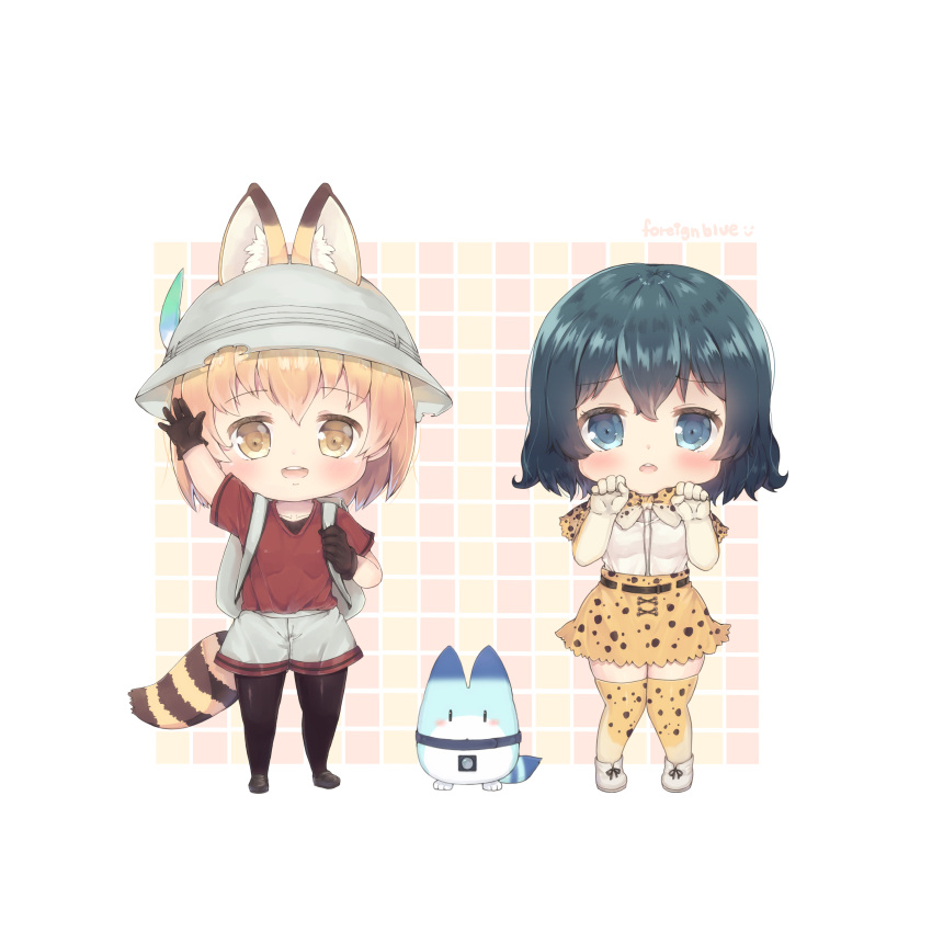 2girls absurdres animal_ears arm_up backpack bag bangs black_footwear black_gloves black_hair black_legwear blonde_hair blush bow bowtie bucket_hat chibi cosplay costume_switch elbow_gloves foreign_blue gloves hair_between_eyes hand_up hat hat_feather highres kaban_(kemono_friends) kaban_(kemono_friends)_(cosplay) kemono_friends knees_together_feet_apart looking_at_viewer lucky_beast_(kemono_friends) multiple_girls open_mouth paw_pose red_shirt reflective_eyes round_teeth serval_(kemono_friends) serval_(kemono_friends)_(cosplay) serval_ears serval_print serval_tail shiny shiny_clothes shiny_hair shiny_skin shirt shoes short_hair short_sleeves shorts skirt smile standing tail teeth thigh-highs white_background white_shirt white_shoes yellow_skirt