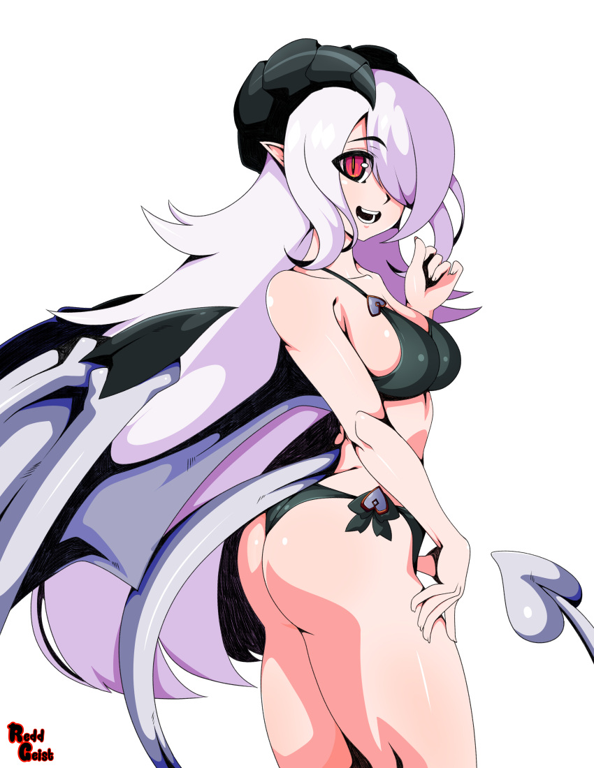 1girl :d absurdres ass bangs bare_arms bare_shoulders bikini breasts commentary cowboy_shot demon_horns demon_tail demon_wings eyebrows_visible_through_hair from_side grey_hair hair_over_one_eye hand_on_own_leg highres horns ilassa_(elh) lilim_(monster_girl_encyclopedia) long_hair looking_at_viewer looking_to_the_side medium_breasts monster_girl_encyclopedia one_eye_covered open_mouth pointy_ears red_eyes reddgeist signature simple_background slit_pupils smile solo standing swimsuit tail white_background wings