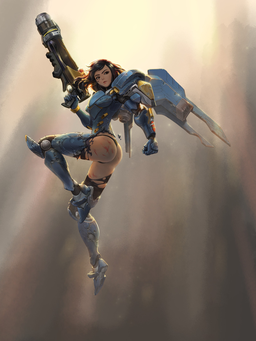 1girl alex_lee arm_at_side armor ass black_hair black_panties brown_eyes clenched_hand closed_mouth dark_skin facial_mark finger_on_trigger from_side full_body gun hair_ornament highres leg_up lips looking_back overwatch panties pharah_(overwatch) power_armor sky solo sunlight tattoo torn_armor torn_clothes underwear weapon