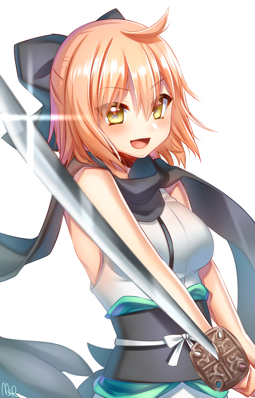 &gt;:d 1girl :d absurdres ahoge bare_shoulders black_bow black_scarf blonde_hair blush bow breasts fate/grand_order fate_(series) glin hair_bow highres holding holding_sword holding_weapon japanese_clothes katana kimono koha-ace looking_at_viewer medium_breasts obi open_mouth rom sakura_saber sash scarf sleeveless sleeveless_kimono smile solo sword upper_body weapon white_kimono yellow_eyes