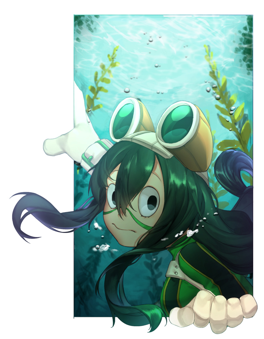 1girl asui_tsuyu black_eyes bodysuit boku_no_hero_academia bubble domino_mask gloves goggles goggles_on_head green_hair hair_between_eyes highres looking_at_viewer mask nok_(vasabello) simple_background solo underwater white_background white_gloves