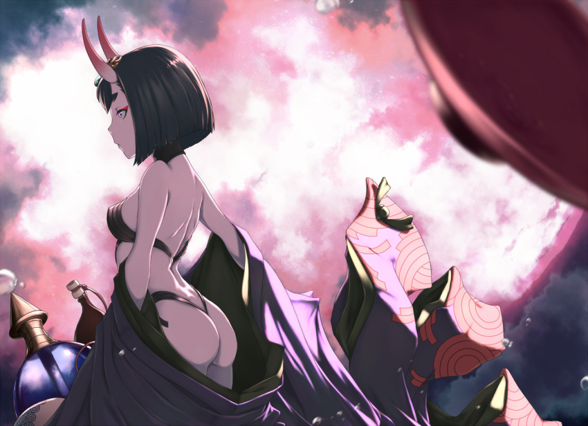 1girl ass black_hair breasts fate/grand_order fate_(series) from_behind gourd headpiece japanese_clothes kimono oni_horns open_clothes open_kimono revealing_clothes short_hair shuten_douji_(fate/grand_order) small_breasts solo stealthmaria undressing violet_eyes