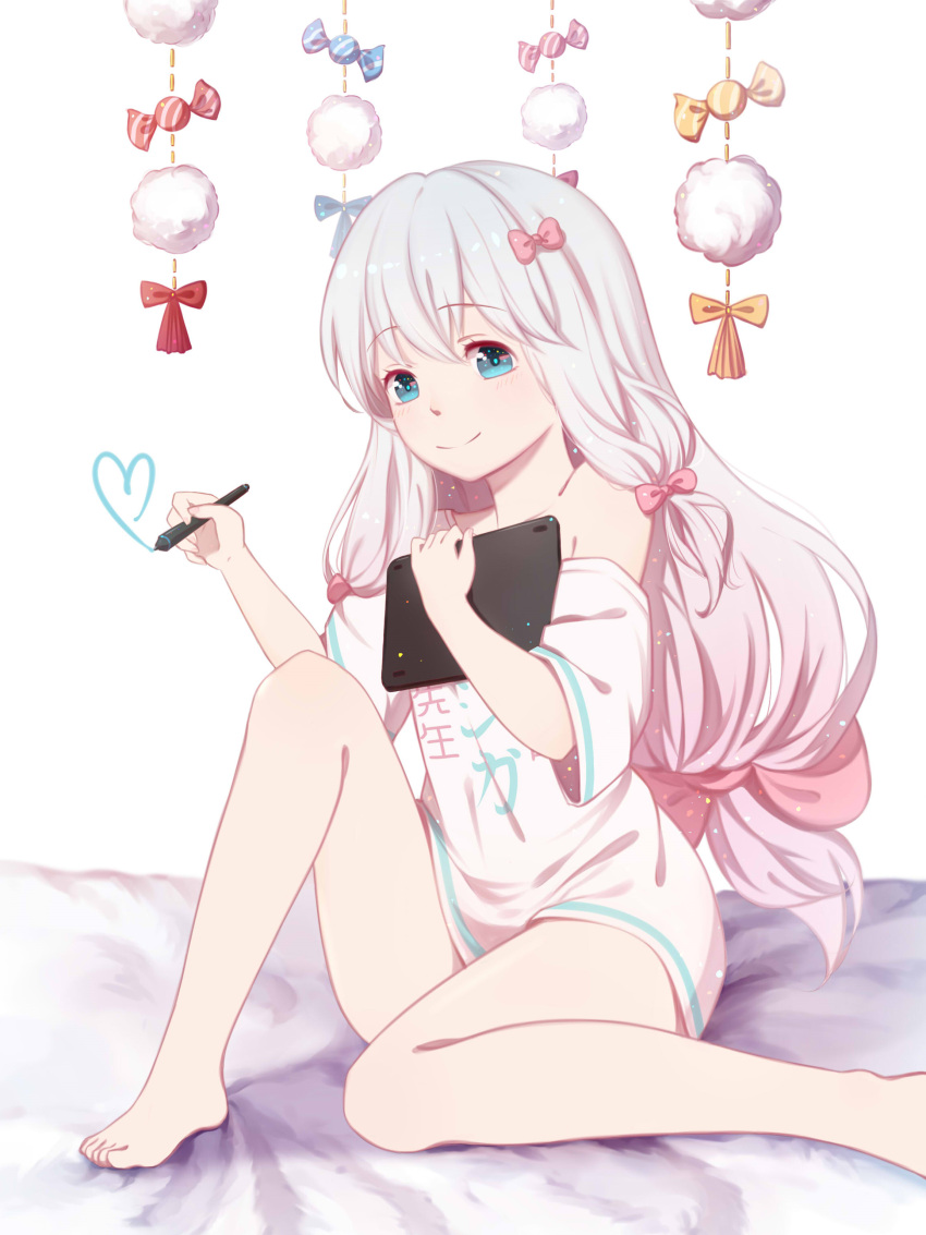 1girl absurdres adrenaline!!! bare_shoulders barefoot blue_eyes blue_hair blush bow closed_mouth collarbone eromanga_sensei eyebrows_visible_through_hair flower full_body gradient_hair hair_between_eyes hair_bow hair_flower hair_ornament head_tilt heart highres holding izumi_sagiri ku_luo_mofa_shi long_hair looking_at_viewer multicolored_hair off_shoulder pink_bow pink_hair shirt sitting smile solo stylus tablet very_long_hair white_background white_shirt wrapped_candy