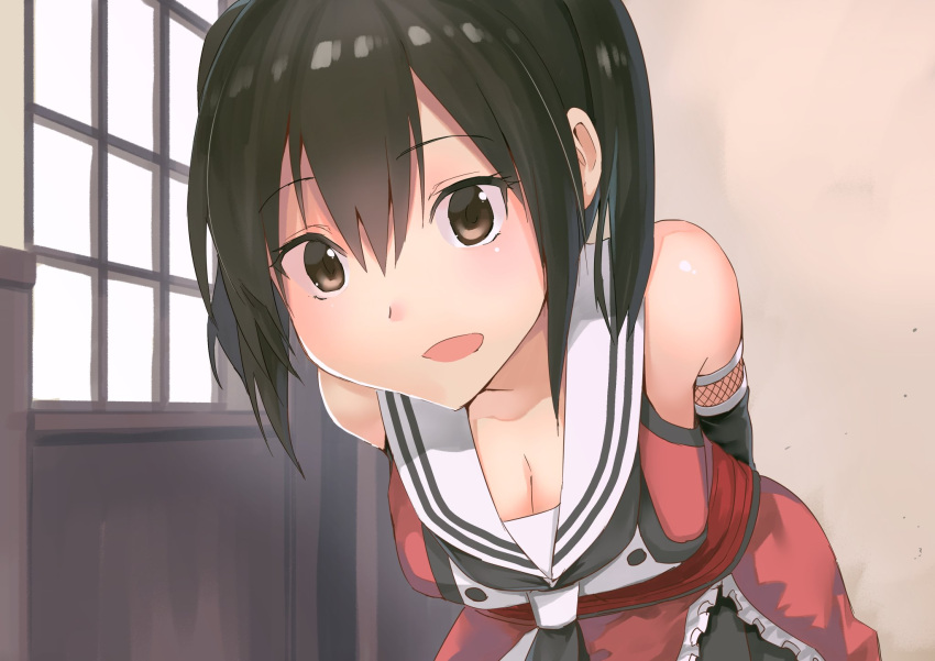 1girl arms_behind_back bent_over black_hair breasts brown_eyes cleavage downblouse fishnets highres indoors kantai_collection looking_at_viewer masukuza_j medium_breasts sailor_collar sailor_shirt sendai_(kantai_collection) shirt short_hair sleeveless sleeveless_shirt smile solo twintails