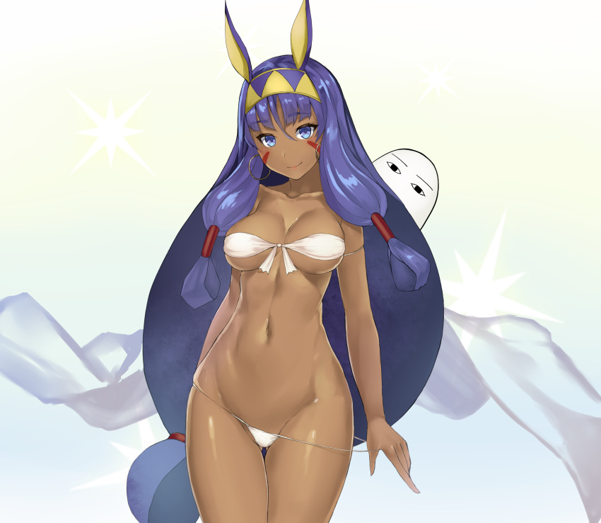&lt;o&gt;_&lt;o&gt; 1girl absurdres animal_ears armlet arms_at_sides bandeau bikini bikini_pull blue_eyes breasts cleavage closed_mouth collarbone cowboy_shot dark_skin earrings eyebrows_visible_through_hair facial_mark fate/grand_order fate_(series) front-tie_bikini front-tie_top gluteal_fold gradient gradient_background hair_tubes hairband highres hoop_earrings jackal_ears jewelry long_hair looking_at_viewer low-tied_long_hair medium_breasts medjed nakamura_nagare navel nitocris_(fate/grand_order) purple_hair sidelocks simple_background smile solo string_bikini swimsuit thigh_gap very_long_hair white_bikini wide_hips