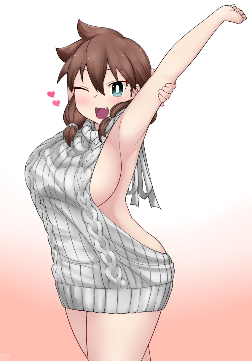&gt;;d 1girl ;d amano_megumi amano_megumi_wa_suki_darake! aran_sweater arm_behind_head armpits blue_eyes blush breasts brown_hair clenched_hand ekz_(drawfag) eyebrows_visible_through_hair fang from_side grabbing_own_arm gradient gradient_background hair_between_eyes heart highres large_breasts looking_at_viewer meme_attire one_eye_closed open_mouth outstretched_arm ribbed_sweater smile solo sweater turtleneck turtleneck_sweater twintails virgin_killer_sweater white_sweater