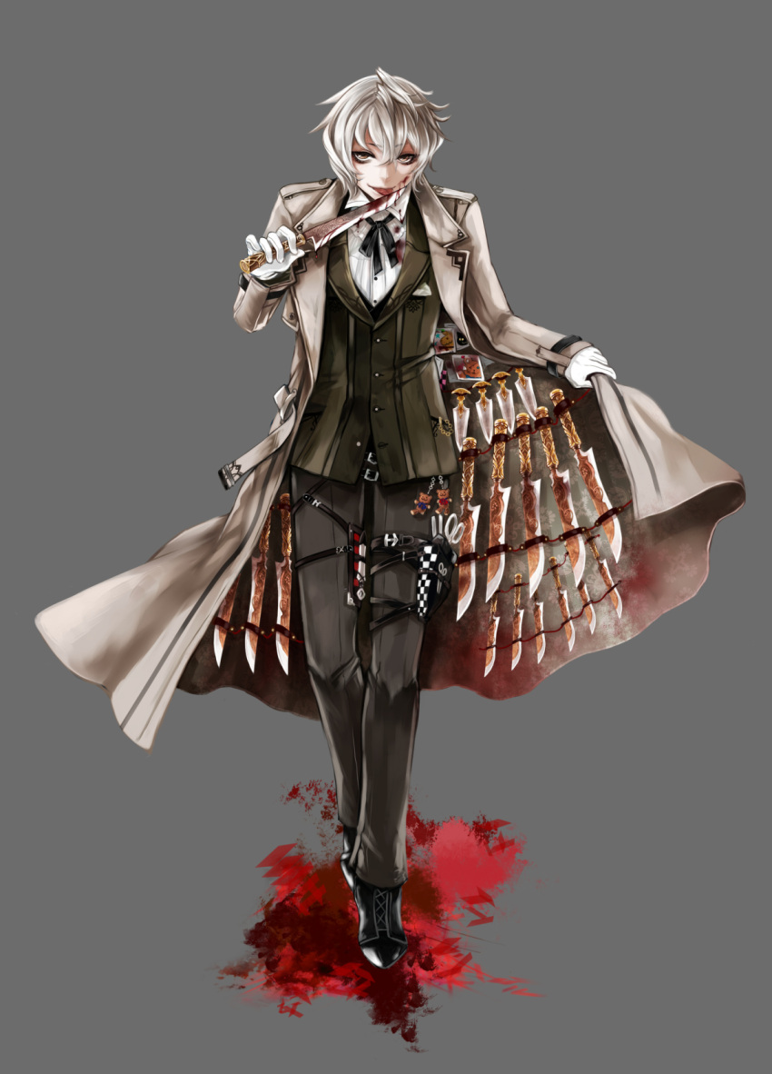 1boy :p apt belt blood blood_on_face brown_eyes coat full_body gloves grey_background gyakushuu_no_fantasica highres holding holding_weapon male_focus official_art pants silver_hair simple_background smile solo tongue tongue_out weapon white_gloves