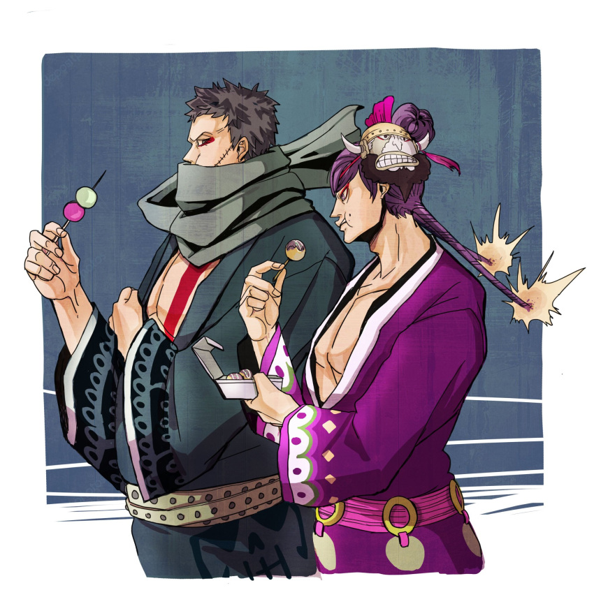 2boys alternate_costume bare_chest black_eyes black_hair brothers charlotte_cracker charlotte_katakuri chest collarbone covered_mouth dango food from_side hair_bun hand_on_own_arm hands_up highres holding japanese_clothes kimono living_(pixiv5031111) long_hair long_sleeves looking_at_another male_focus mask mask_on_head multiple_boys one_piece purple_hair scar scarf scarf_over_mouth short_hair siblings standing stitched takoyaki twintails upper_body very_short_hair violet_eyes wagashi wide_sleeves