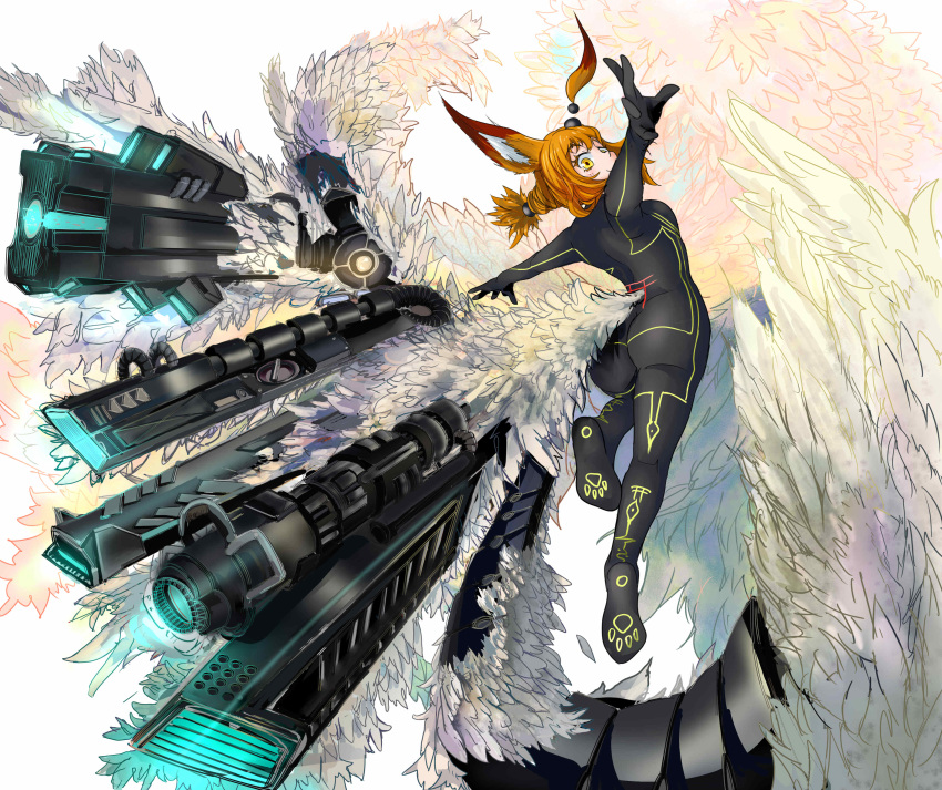 1girl absurdres animal_ears ass bangs black_bodysuit blush bodysuit braid breasts cannon closed_mouth commentary_request doitsuken fox_ears from_behind gun highres long_hair looking_at_viewer looking_back medium_breasts orange_hair original outstretched_arms rifle science_fiction simple_background single_braid smile solo spread_arms tail weapon white_background wings yellow_eyes