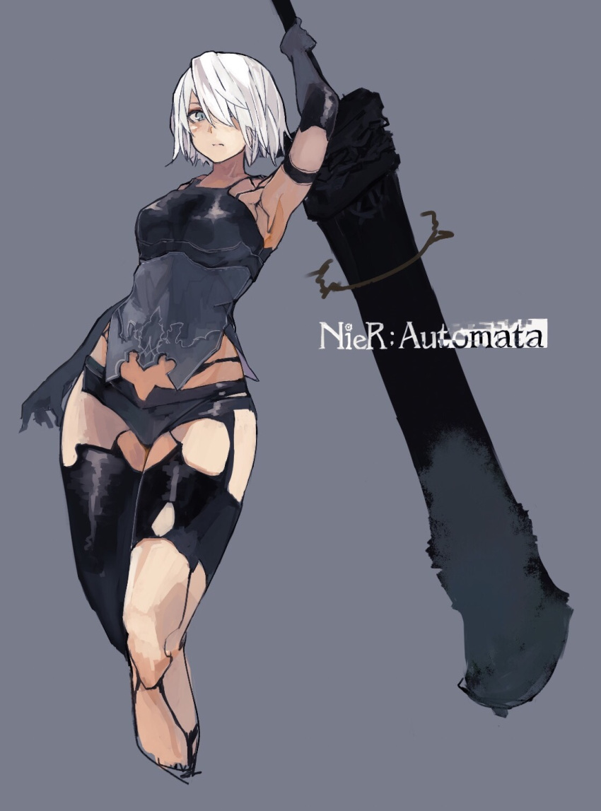 1girl android arm_at_side arm_behind_head arm_up armpits bangs bare_shoulders black_shorts blue_eyes bob_cut breasts closed_mouth copyright_name cowboy_shot cropped_legs ea_kon eyebrows frown hair_between_eyes hair_over_one_eye highres holding holding_sword holding_weapon huge_weapon knees_together_feet_apart looking_at_viewer nier_(series) nier_automata open_fly purple_background robot_joints short_hair short_shorts shorts simple_background small_breasts solo standing sword tsurime weapon white_hair yorha_type_a_no._2
