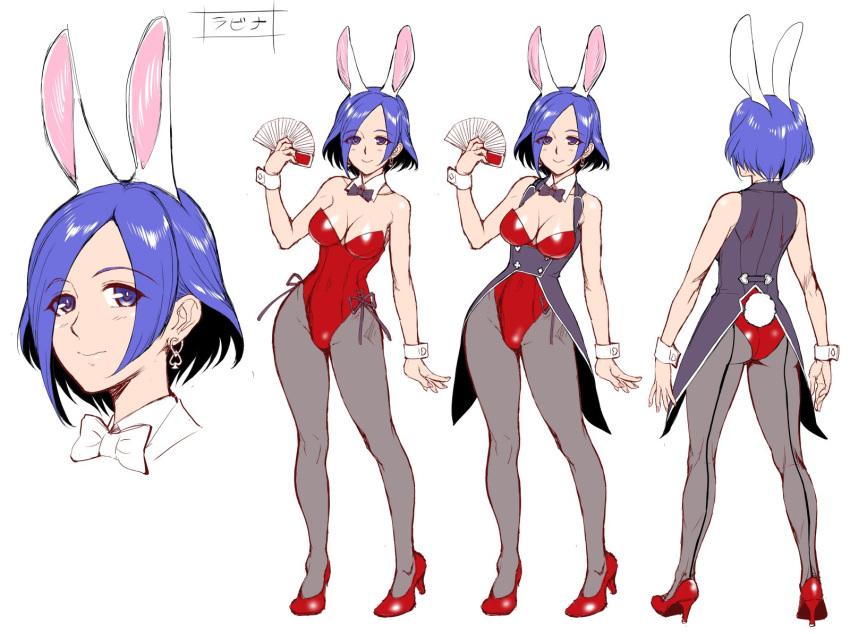 1girl animal_ears ass bare_shoulders breasts bunny_tail bunnysuit card character_sheet cleavage commentary concept_art detached_collar earrings female full_body high_heels highres holding jewelry leotard looking_at_viewer lovina_(taimanin_asagi_battle_arena) medium_breasts multiple_views pantyhose rabbit_ears short_hair simple_background solo standing strapless strapless_leotard tail taimanin_(series) taimanin_asagi_battle_arena turnaround white_background wrist_cuffs zol