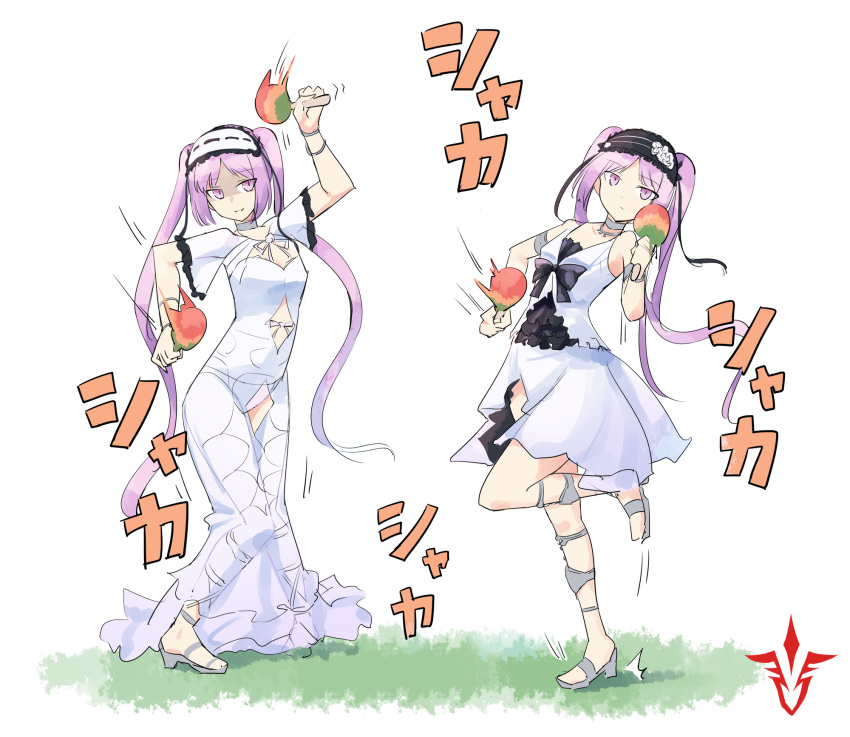 2girls bare_shoulders black_bow bow command_spell dancing dress euryale fate_(series) frills frown hairband highres holding holding_instrument instrument knees_together_feet_apart lolita_hairband long_hair looking_at_viewer maracas midriff multiple_girls one_leg_raised panties purple_hair ribbon sandals see-through shaded_face siblings sisters sketch smile stheno sutaa_dasuto-kun twintails underwear very_long_hair violet_eyes white_background white_bow white_dress white_ribbon