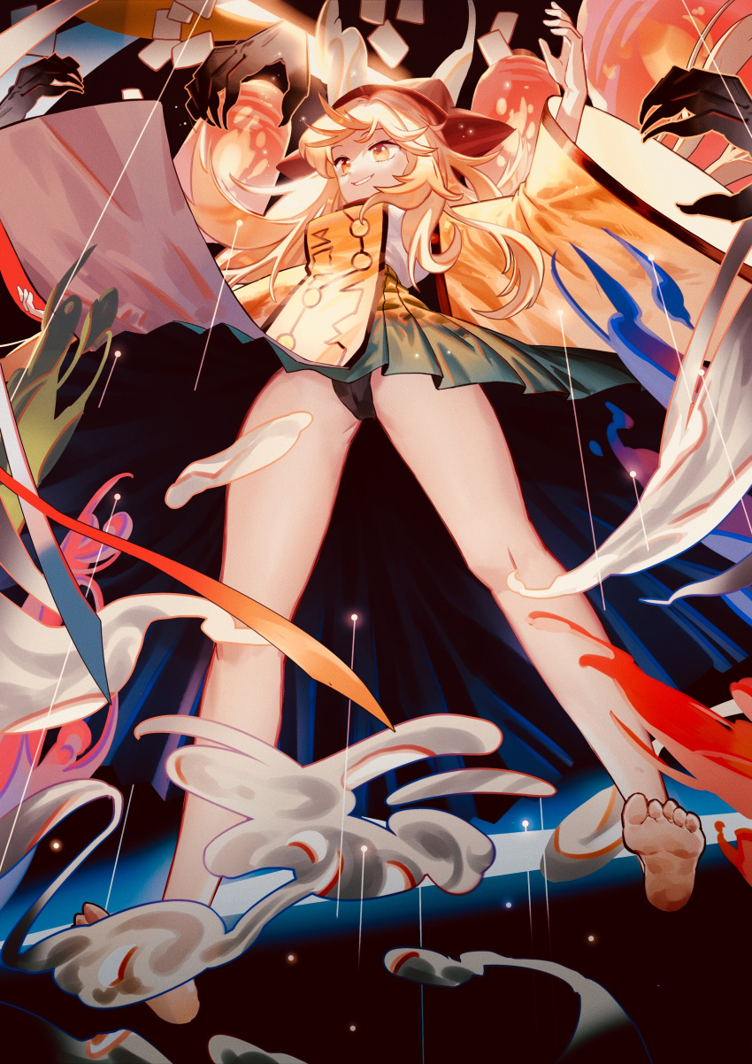 1girl absurdres bare_legs barefoot black_hat black_panties blonde_hair breasts constellation from_below green_skirt grin hat highres long_hair long_sleeves looking_at_viewer matara_okina medium_breasts panties skirt smile solo tabard touhou underwear upskirt wei_li wide_sleeves yellow_eyes