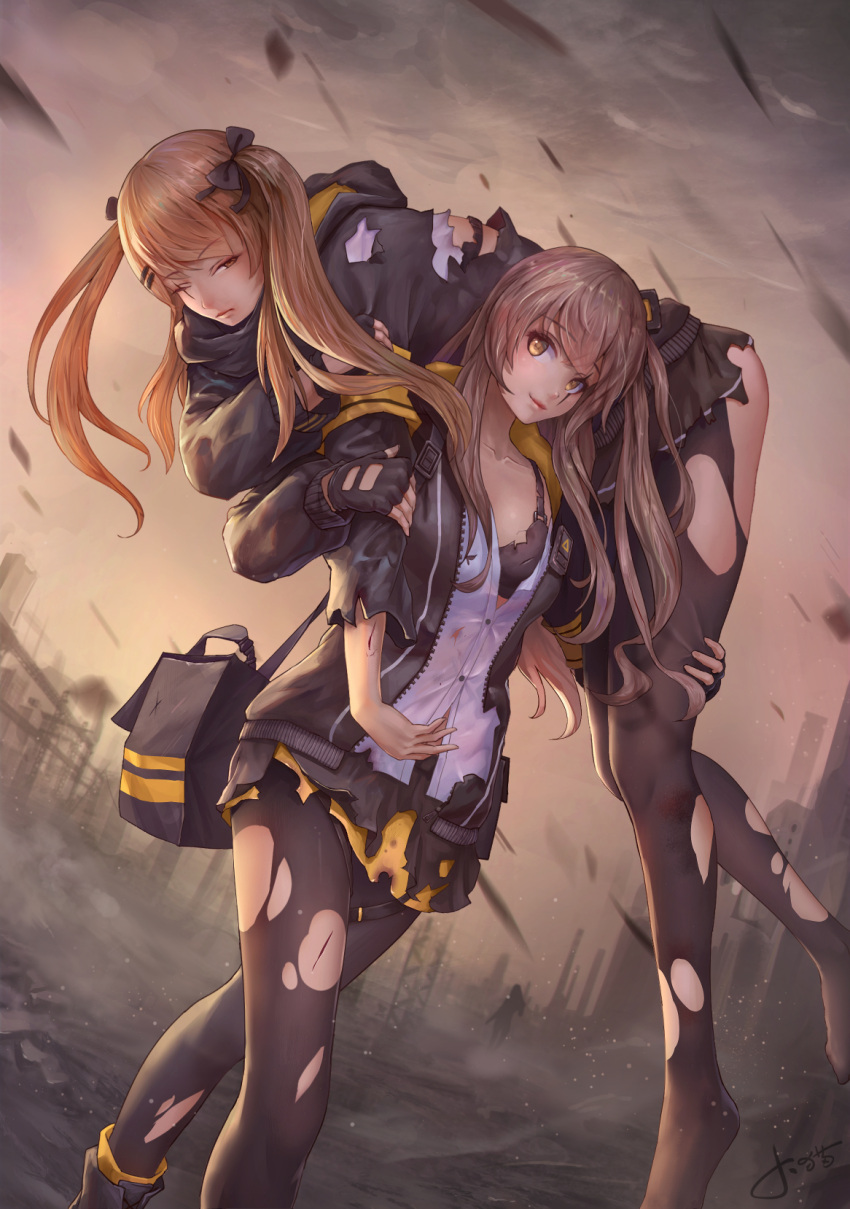 2girls artist_name bangs black_bow black_bra black_gloves black_skirt bow bra brown_eyes brown_hair carrying closed_mouth cuts fingerless_gloves fireman's_carry girls_frontline gloves grey_hair hair_bow highres hood hoodie injury jacket jay_xu light_smile lips long_hair miniskirt multiple_girls one_eye_closed one_side_up open_clothes open_jacket outdoors pantyhose ruins shirt sidelocks signature silhouette skirt smile standing torn_clothes torn_pantyhose torn_skirt twintails ump45_(girls_frontline) ump9_(girls_frontline) underwear walking white_shirt