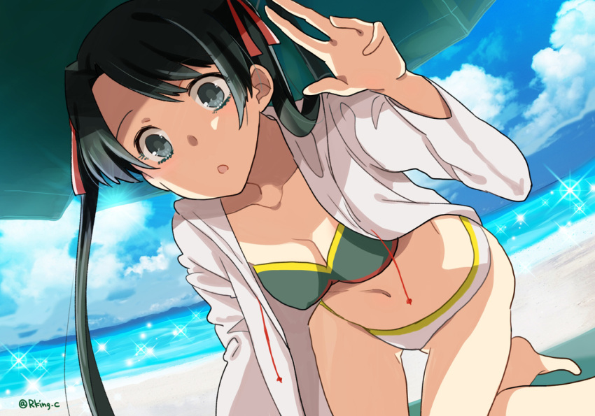 1girl :o alternate_costume beach bikini breasts cleavage commentary day green_eyes green_hair kantai_collection kneeling long_hair looking_at_viewer medium_breasts midriff mikuma_(kantai_collection) navel open_mouth outdoors parasol r-king solo swimsuit twitter_username umbrella