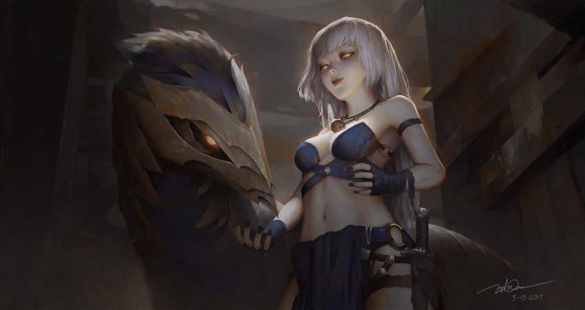 1girl black_nails breasts cleavage commentary dao_trong_le dated fingernails glowing glowing_eyes highres jewelry knife lips long_fingernails long_hair medium_breasts nail_polish necklace nose red_lips sheath sheathed signature solo standing stomach watermark white_hair yellow_eyes