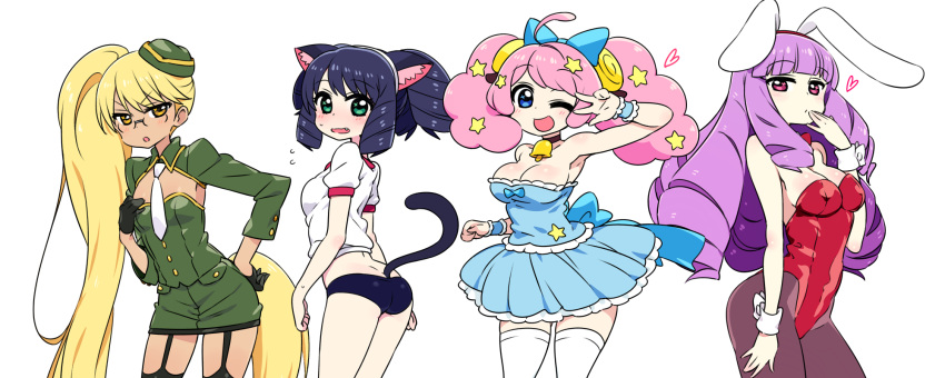 &gt;:o 4girls :d :o absurdly_long_hair ahoge animal_ears arm_up armpits ass bangs bare_shoulders bell bell_choker beret black_gloves black_legwear black_neckwear blonde_hair blue_buruma blue_dress blue_eyes blue_hair blunt_bangs blush bow breasts bunnysuit buruma cat_ears cat_girl cat_tail chan_co choker chuchu_(show_by_rock!!) cleavage cleavage_cutout copyright_name cowboy_shot curly_hair cyan_(show_by_rock!!) detached_collar dot_nose dress drill_hair eyebrows_visible_through_hair fake_animal_ears fang flying_sweatdrops from_behind glasses gloves green_eyes green_hat green_jacket green_skirt gym_shirt hair_bow hair_ornament half_gloves hand_on_hip hand_on_own_chest hand_to_own_mouth hat heart highres jacket leaning_forward long_hair long_sleeves looking_at_viewer looking_back medium_breasts miniskirt moa_(show_by_rock!!) multiple_girls necktie open_mouth pantyhose parted_lips pink_hair puffy_short_sleeves puffy_sleeves purple_background purple_hair rabbit_ears red_eyes retoree shirt short_sleeves show_by_rock!! simple_background skirt small_breasts smile speech_bubble standing star star_hair_ornament sweat symbol_in_eye tail thigh-highs v v_over_eye very_long_hair white_background white_legwear white_necktie white_shirt wrist_cuffs wristband yellow_eyes