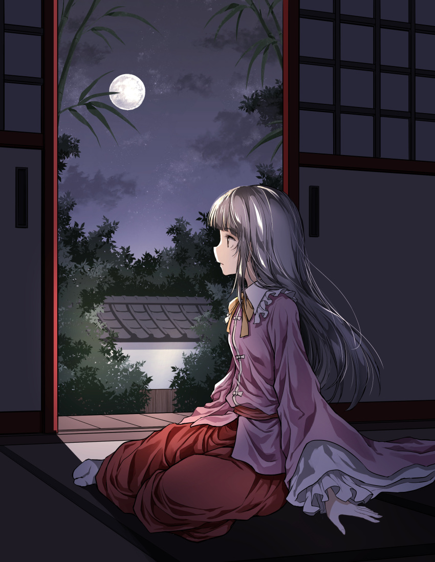 1girl absurdres bangs blue_sky bow bowtie brown_eyes bush clouds cloudy_sky collared_shirt door eientei eyebrows_visible_through_hair eyelashes floor frills full_moon grey_hair grey_legwear highres houraisan_kaguya house indoors leaf long_hair long_skirt long_sleeves looking_to_the_side moon moonlight night night_sky no_shoes open_door open_mouth pink_shirt red_skirt shadow shimoda_masaya shirt sitting skirt sky socks solo star_(sky) starry_sky touhou tree wall white_bow wide_sleeves yellow_bow yellow_bowtie