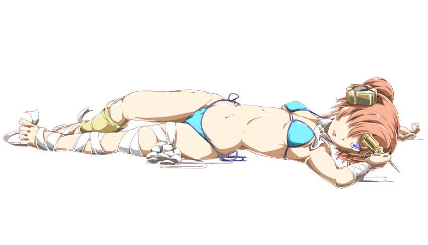 1girl barefoot berserker_of_black bikini blue_swimsuit brown_hair commentary_request fate_(series) feet hair_bun hair_over_one_eye hand_on_head highres leg_wrap looking_at_viewer lying maru_sashi navel neckerchief on_back open_mouth side-tie_bikini swimsuit toes violet_eyes white_background wrist_wraps