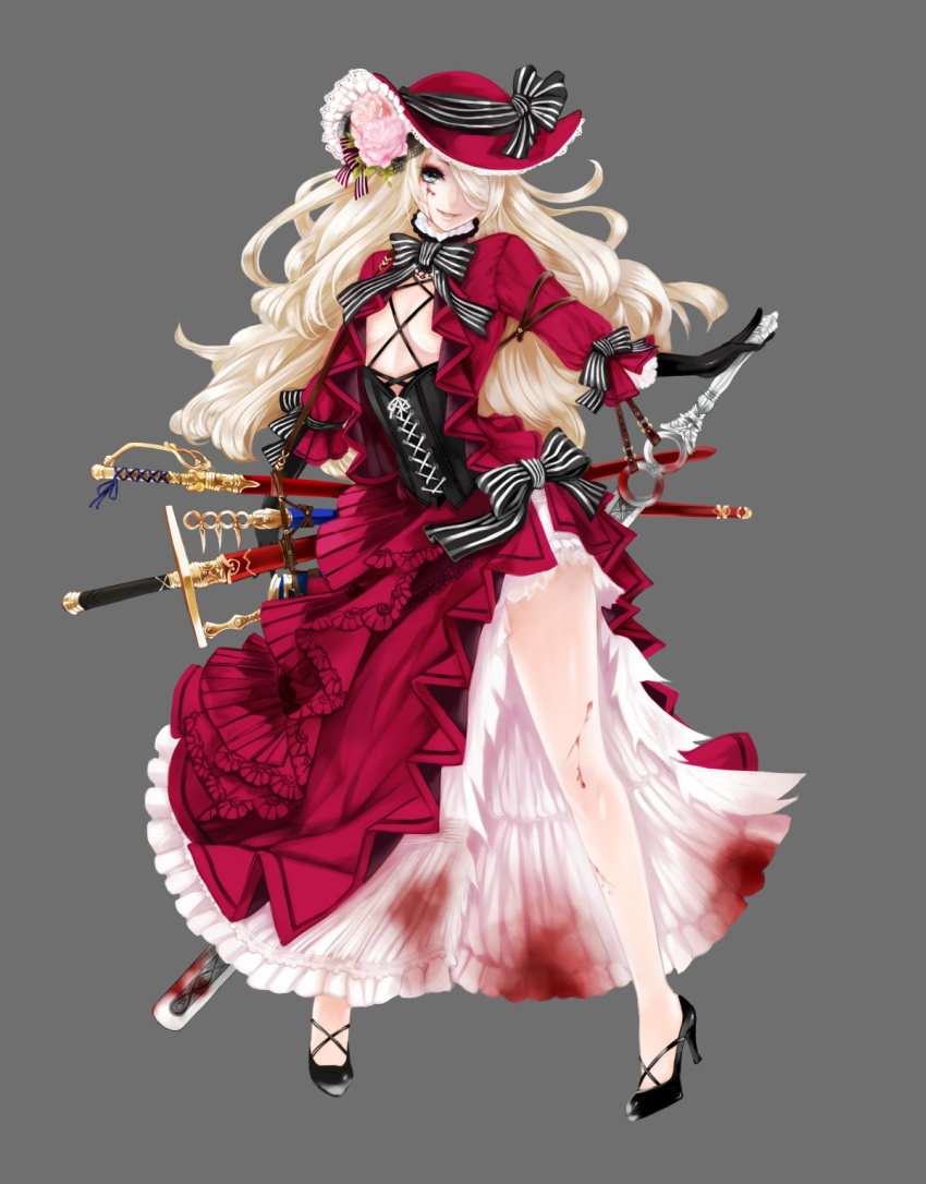 1girl apt black_gloves blonde_hair blood bloody_clothes blue_eyes blush breasts cleavage corset full_body gloves grey_background gyakushuu_no_fantasica hair_over_one_eye hat high_heels highres long_hair looking_at_viewer official_art sheath sheathed simple_background small_breasts smile solo standing sword weapon