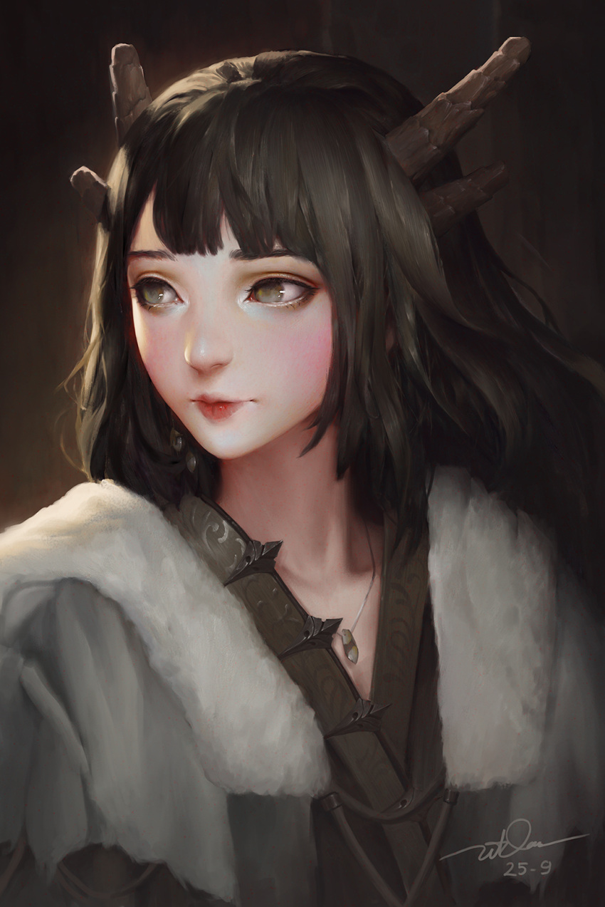 1girl bangs black_hair brown_eyes closed_mouth coat dao_trong_le dated eyelashes fur-trimmed_coat fur_trim highres horns jewelry lips long_hair necklace nose original red_lips signature solo upper_body watermark