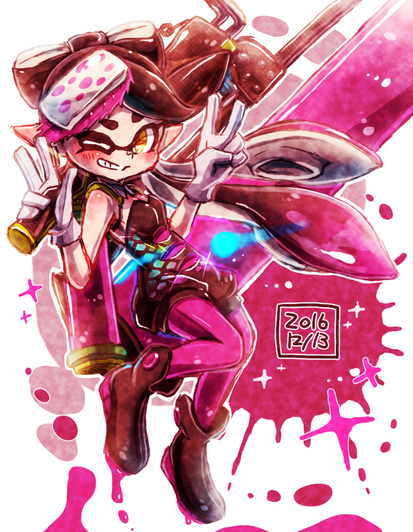 +_+ 1girl ankle_boots aori_(splatoon) black_footwear black_jumpsuit boots brown_eyes dated detached_collar domino_mask double_v earrings food food_on_head full_body gloves grin harutarou_(orion_3boshi) hero_roller_(splatoon) highres holding holding_weapon ink_tank_(splatoon) jewelry long_hair looking_at_viewer mask mole mole_under_eye object_on_head one_eye_closed paint_splatter pantyhose pointy_ears purple_legwear short_jumpsuit smile solo splatoon splatoon_1 standing standing_on_one_leg strapless tentacle_hair v weapon white_gloves