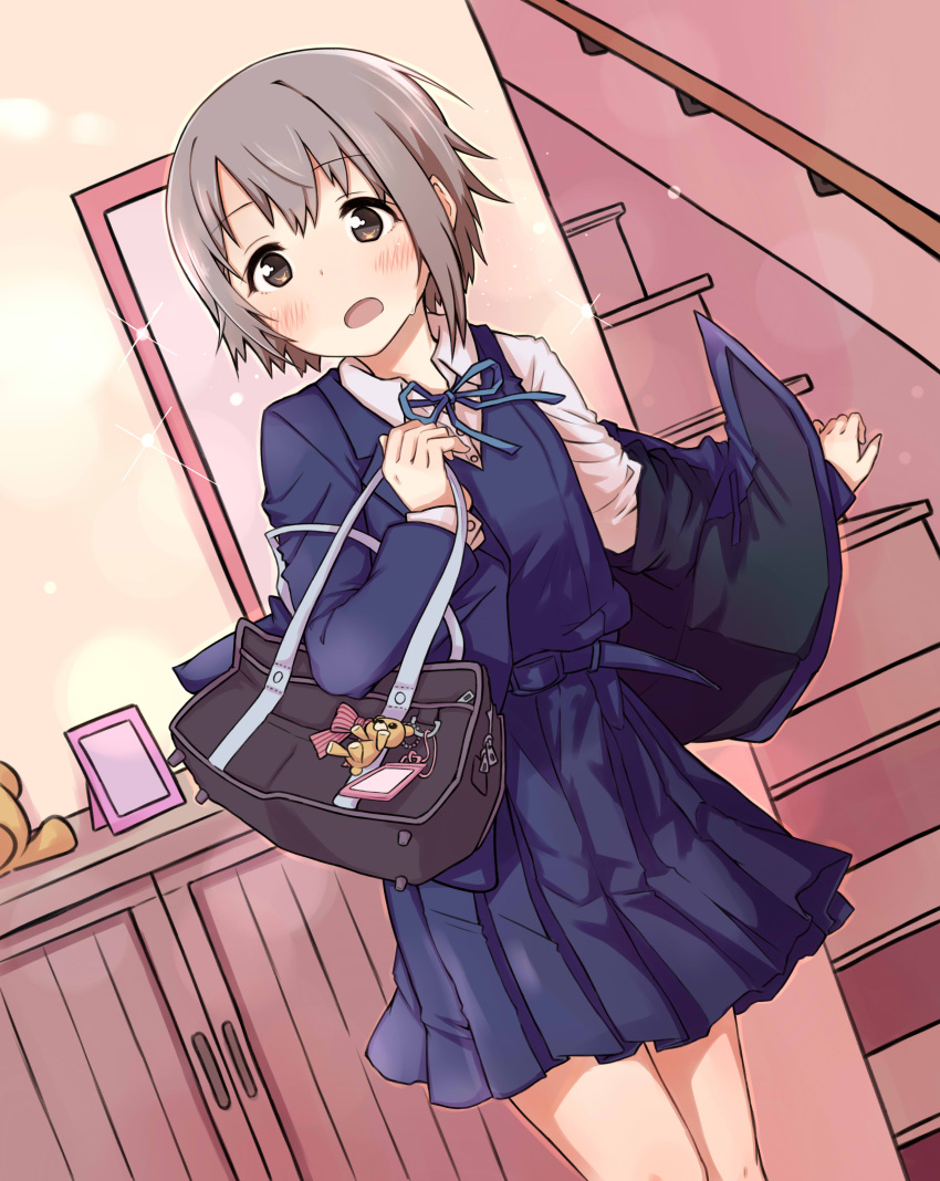 1girl absurdres bag black_eyes blazer blush dutch_angle grey_hair highres idolmaster idolmaster_cinderella_girls idolmaster_cinderella_girls_starlight_stage jacket looking_at_viewer neck_ribbon open_mouth otokura_yuuki ribbon school_uniform short_hair skirt smile solo woshinon