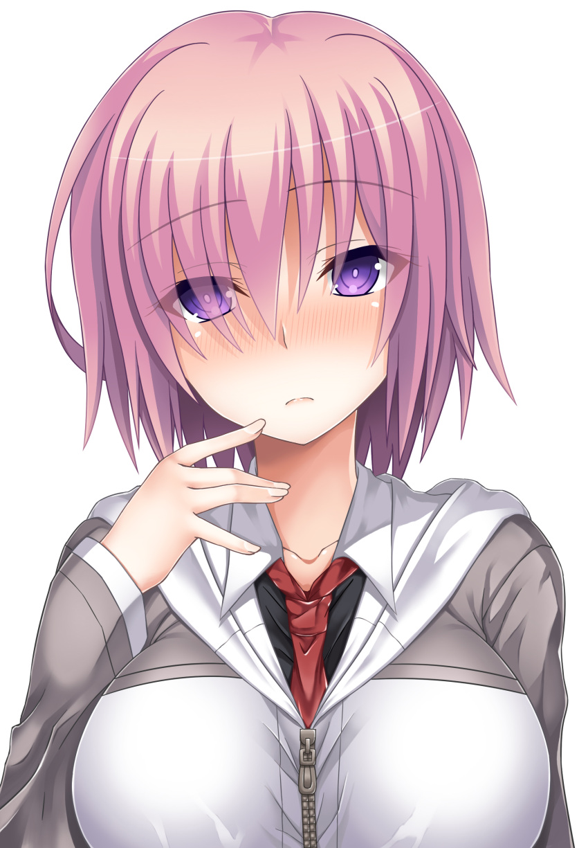 1girl absurdres blush breasts closed_mouth expressionless eyebrows_visible_through_hair eyes_visible_through_hair fate/grand_order fate_(series) finger_to_cheek frown grey_jacket hair_over_one_eye hand_up highres jacket large_breasts looking_at_viewer necktie pink_hair red_necktie shielder_(fate/grand_order) short_hair simple_background sogegin solo track_jacket upper_body violet_eyes white_background zipper