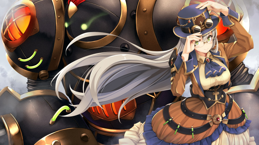 1girl arm_up breasts brown_skirt frilled_skirt frills glasses goggles goggles_on_headwear green_eyes grey_hair hat highres large_breasts long_hair looking_at_viewer mecha ogami_kazuki sennen_sensou_aigis skirt smile solo standing test_tube very_long_hair vial wallpaper wendy_(sennen_sensou_aigis)