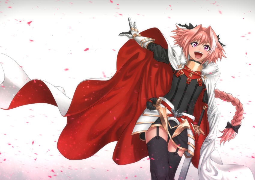 1boy 6suke black_legwear braid cape fang fate/apocrypha fate/grand_order fate_(series) garter_straps hair_ribbon horn_(instrument) long_hair looking_at_viewer male_focus navel open_mouth petals pink_hair ribbon rider_of_black rokusuke_(6suke_ver_6) single_braid smile solo sword thigh-highs violet_eyes weapon