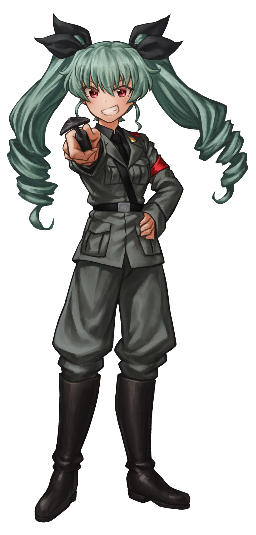 1girl absurdres anchovy anzio_military_uniform bangs belt black_belt black_footwear black_neckwear black_ribbon black_shirt boots commentary_request dress_shirt drill_hair eyebrows_visible_through_hair full_body girls_und_panzer green_hair grey_jacket grey_pants grin hair_ribbon hand_on_hip highres holding jacket knee_boots lain long_hair long_sleeves looking_at_viewer military military_uniform necktie pants red_eyes ribbon riding_crop sam_browne_belt shirt simple_background smile solo standing twin_drills twintails uniform white_background