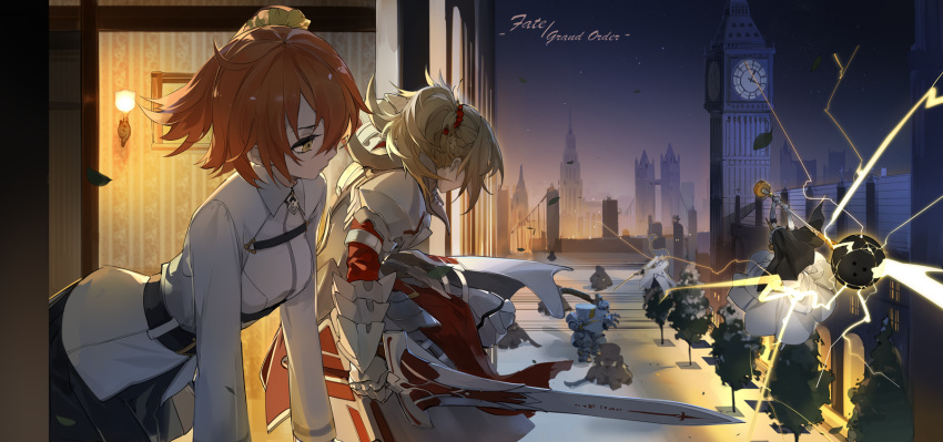 3girls armor belt berserker_of_black blonde_hair elizabeth_tower fate/apocrypha fate/grand_order fate_(series) highres indoors lamp leaning_forward mace multiple_girls night nine_(liuyuhao1992) outdoors pauldrons picture_(object) ponytail redhead saber_of_red scrunchie sky star_(sky) starry_sky tower tower_bridge_(london) tree veil weapon yellow_eyes