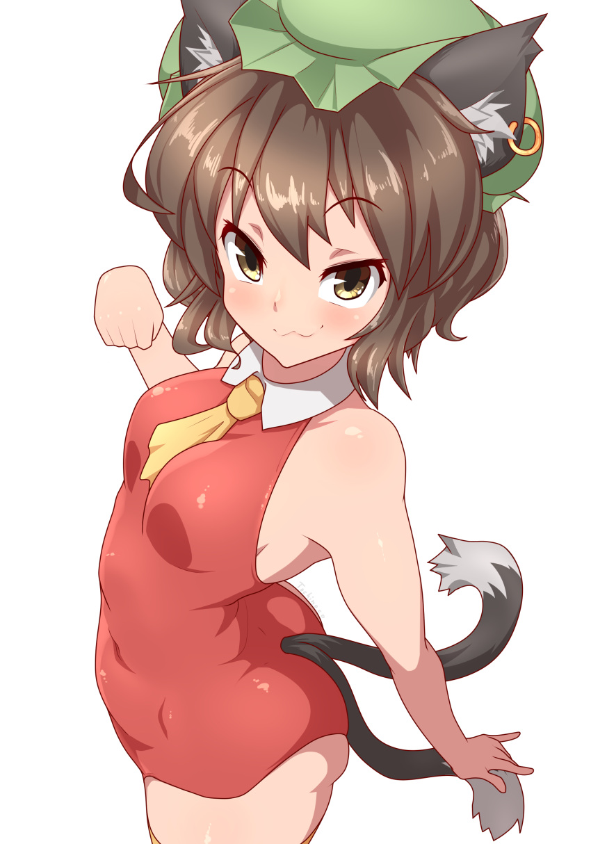 1girl :3 absurdres animal_ears armpits bare_arms bare_shoulders blush breasts brown_eyes brown_hair cat_ears cat_tail chen closed_mouth cowboy_shot dress from_side hat highres jewelry looking_at_viewer looking_to_the_side mob_cap multiple_tails red_dress short_dress short_hair single_earring sleeveless sleeveless_dress small_breasts smile solo tail tochinoko touhou two_tails