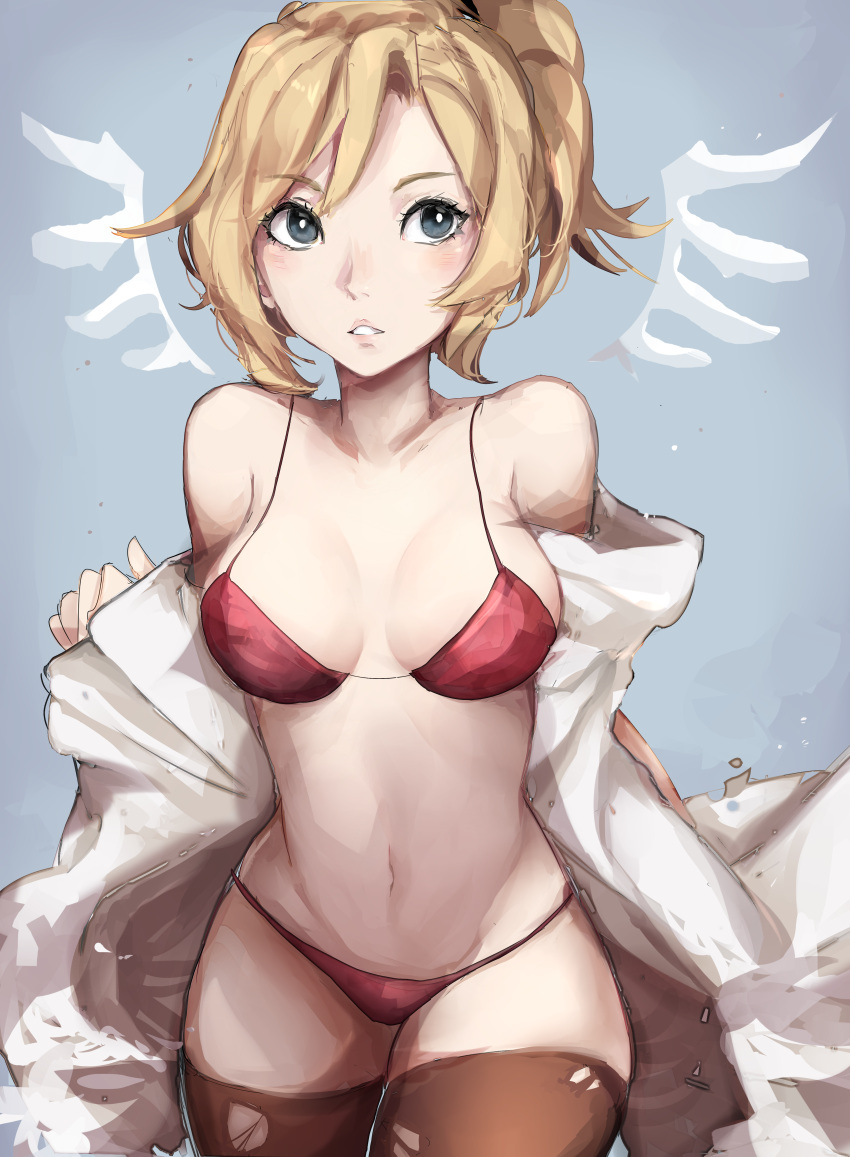 1girl absurdres alternate_wings blonde_hair blue_eyes bra breasts brown_legwear cleavage collarbone commentary cowboy_shot detached_wings eyebrows_visible_through_hair grey_background hair_tie high_ponytail highres jackii labcoat long_sleeves looking_at_viewer medium_breasts mercy_(overwatch) navel overwatch panties parted_lips red_bra red_panties removing_coat short_hair simple_background sketch solo thigh-highs torn_clothes torn_thighhighs underwear wings