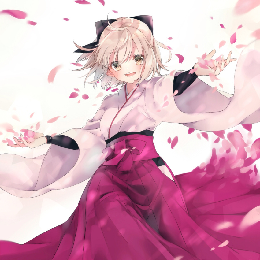 1girl :d bangs black_bow blonde_hair bow cherry_blossoms eyebrows_visible_through_hair fate_(series) hair_bow hakama highres japanese_clothes kimono koha-ace long_skirt looking_at_viewer mei_(maple_152) open_mouth outstretched_hand petals pleated_skirt purple_skirt sakura_saber short_hair skirt smile solo teeth white_kimono wide_sleeves yellow_eyes