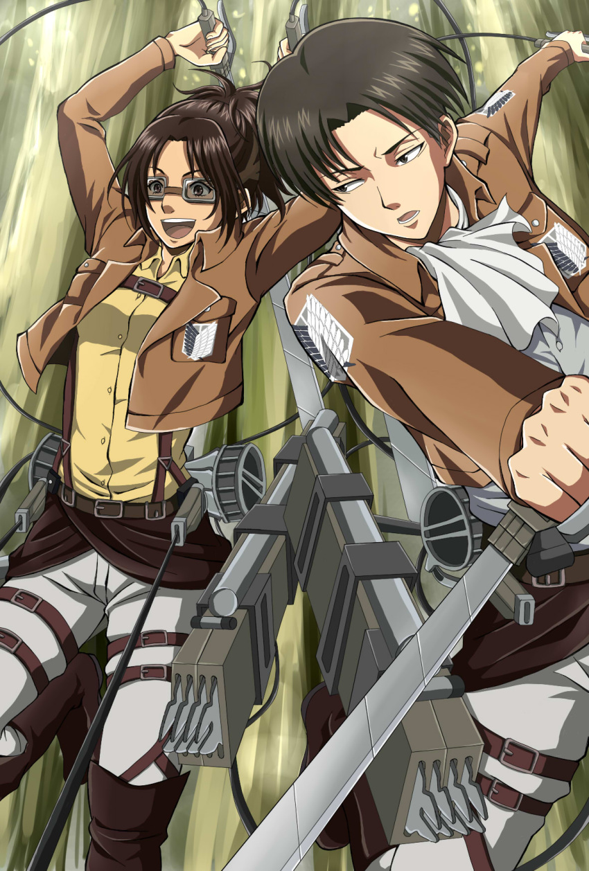 1boy 1girl :d black_eyes black_hair boots brown_footwear brown_hair dress_shirt dual_wielding forest glasses grey_neckerchief grey_pants grey_shirt hange_zoe high_ponytail highres holding holding_sword holding_weapon knee_boots levi_(shingeki_no_kyojin) meiyaku nature neckerchief open_mouth outdoors pants shingeki_no_kyojin shirt short_hair smile sword three-dimensional_maneuver_gear tree weapon yellow_shirt